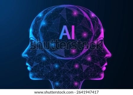 Futuristic digital intelligence of the future. Fusion of neutron networks and technologies into a single synthetic mind. Polygonal design of interconnected lines and dots.