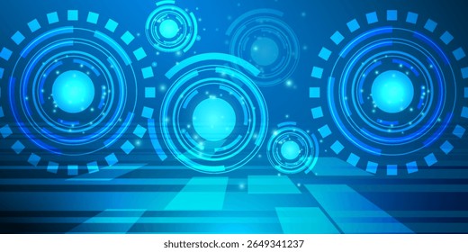 Futuristic Digital Interface Background – Abstract Blue Technology HUD Design with Glowing Circle Elements, Virtual Data Displays and High-Tech Geometric Patterns.