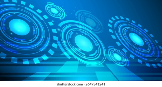Futuristic Digital Interface Background – Abstract Blue Technology HUD Design with Glowing Circle Elements, Virtual Data Displays and High-Tech Geometric Patterns.
