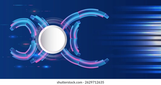 Futuristic digital interface background with colorful circular tech elements and motion blur lines on a dark blue backdrop. Perfect for presentations, UI UX concepts, and technology-themed designs.
