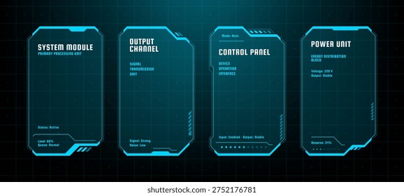 Futuristic digital interface with blue glowing hud frames and system diagnostic data blocks. Cybernetic control panels for technical information display and monitoring system status.