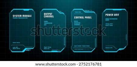 Futuristic digital interface with blue glowing hud frames and system diagnostic data blocks. Cybernetic control panels for technical information display and monitoring system status.