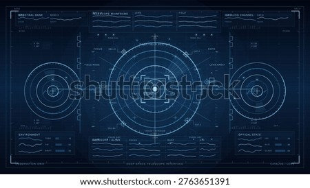 Futuristic digital interface with circular HUD elements, data graphs, and technical readouts resembling a deep space telescope control panel on a blue background.