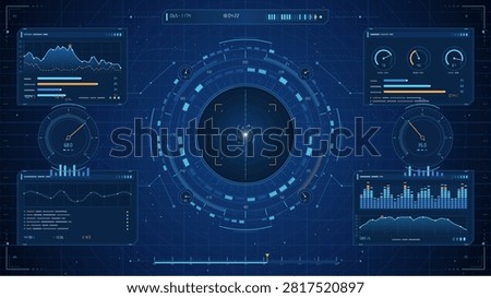 Futuristic digital interface with circular HUD elements, data graphs, and technical readouts resembling a deep space telescope control panel on a blue background.
