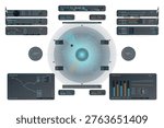 Futuristic digital interface with circular radar, data charts, sector maps, and various control panels in blue and orange tones, resembling a sci-fi control system.