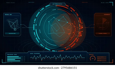 Futuristic digital interface displaying medical data and cybernetic network in dark blue and red tones