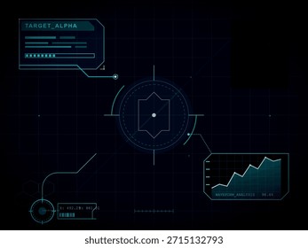 Eine futuristische digitale Schnittstelle zeigt Datenvisualisierungen an, einschließlich Fortschrittsbalken, Systemwarnungen und Wellenformanalyse, die in einem schlanken, türkisen Farbschema auf dunklem, rasterlinienförmigem Hintergrund wiedergegeben werden.