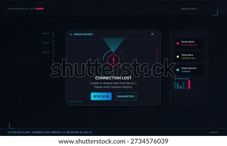 A futuristic digital interface displays an error report with a connection lost message. The dark screen features technical data, node status indicators, and a network load graph.