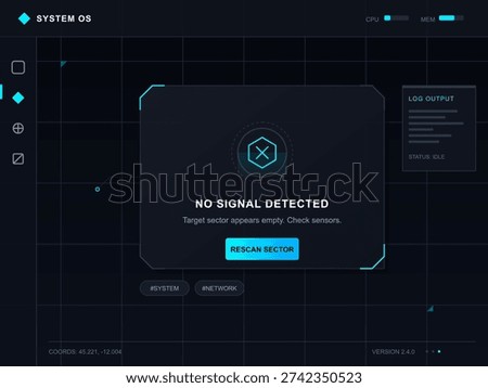 A futuristic digital interface displays a no signal detected error message on a dark grid background with neon blue accents, system status bars, and a rescan sector button.