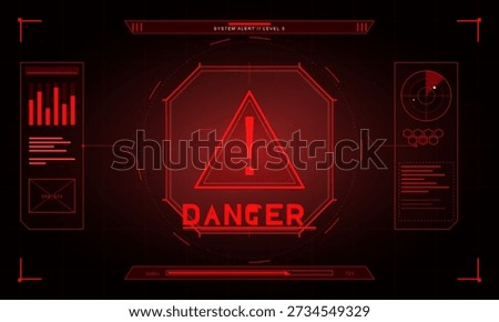 A futuristic digital interface displays a red danger warning with a large exclamation mark inside a triangle, surrounded by system alert data, graphs, and a progress bar.