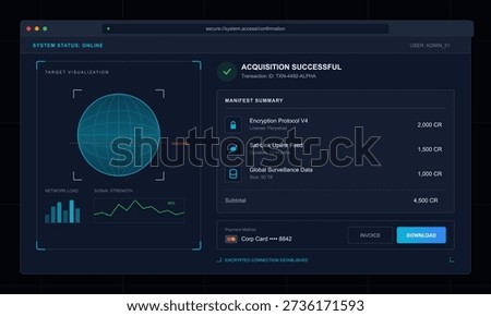 A futuristic digital interface displays a successful acquisition confirmation screen with a globe visualization, network data graphs, and a manifest summary of purchased virtual assets.