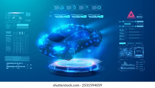 Interface digital futurista com um carro holográfico com vários pontos de dados, gráficos e elementos tecnológicos HUD. O carro é mostrado em azul brilhante, simbolizando tecnologia automotiva avançada.