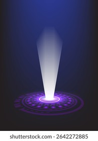Futuristic digital interface with a glowing beam of light projected from a circular platform. Ideal for sci-fi, technology, or virtual reality themes.