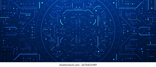 Futuristic digital interface with glowing blue circular HUD design, tech circuit background, and abstract data visualization for sci-fi, cybersecurity, or high-tech concepts.