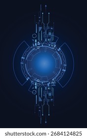 Interfaz digital futurista con circuitos azules brillantes y diseño abstracto de HUD, que simboliza la tecnología, los sistemas cibernéticos, la innovación y el procesamiento de datos virtuales en un concepto moderno de alta tecnología.