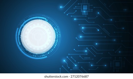 Una interfaz digital futurista con circuitos azules brillantes y un elemento central de tecnología circular, que representa la innovación, el flujo de datos y la tecnología avanzada.