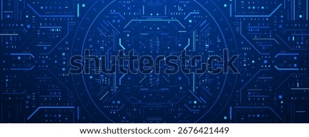 Futuristic digital interface with glowing blue circular HUD design, tech circuit background, and abstract data visualization for sci-fi, cybersecurity, or high-tech concepts.