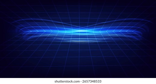 Futuristische digitale Landschaft mit dynamischen blauen Bewegungslinien und Raster.