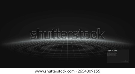 Futuristic digital landscape with glowing grid horizon. Mesh wireframe grid. High-tech innovation and data systems. Cyber space. Futuristic for product presentation.

