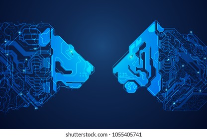 futuristic digital lion versus technological tiger, shape of lion and tiger head combined with electronic board, concept of powerful technology confrontation