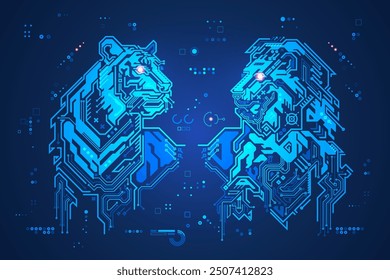 futuristic digital lion versus technological tiger, shape of lion and tiger head combined with electronic board, concept of powerful technology confrontation