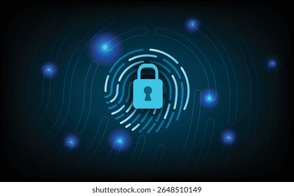 Futuristic digital lock system with fingerprint authentication, biometric security access, encryption firewall, confidential information protection concept for online privacy, identity verification.