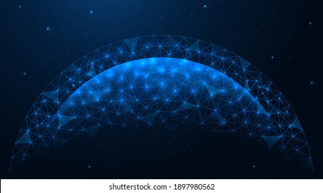 A futuristic digital map of the world. Global social network of connections. Low-poly concatenated lines and points. Blue background.