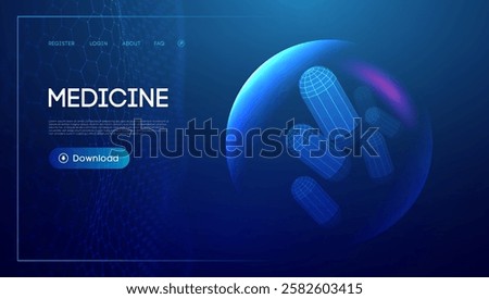 Futuristic digital medicine concept with glowing blue capsule pills, medical technology healthcare background, medical innovation, pharmaceutical research, modern drug development design