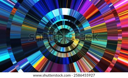Futuristic digital metallic chrome rings with vibrant reflections. Circular anisotropic dynamic polished surface. Colorful concentric circle background with vibrant radial lines. Vector illustration
