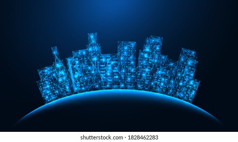 A futuristic digital metropolis. Concept of communication system development. City business centers and buildings. A network of linked lines and points. Blue background.
