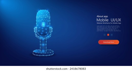 Micrófono digital futurista al estilo Wireframe. Representación moderna de un micrófono con un brillante diseño de alambre enmarcado en un fondo azul dinámico, que simboliza la tecnología en el sonido. Vector