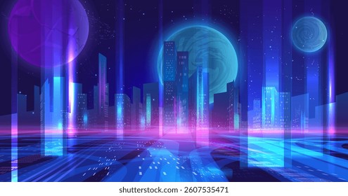 Futuristic digital neon cityscape with planets in sky. Vector galaxy game background. Holographic illuminated skyscrapers in downtown. Fantastic hi-tech design, space metaverse, virtual reality