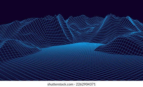 Futuristic digital neon grid landscape background. Abstract dynamic retro mountains backdrop. Big data visualization. For website and banner design. Vector illustration.