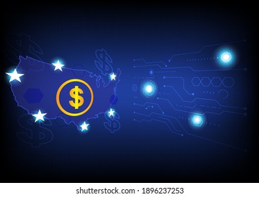 Futuristic digital network communication abstract technology background. Map of US with dollar symbol, circuit board and binary code.