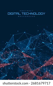 Futuristisches digitales Netzwerk mit leuchtend blauen und roten Polygonverbindungen auf dunklem Hintergrund, perfekt für Technologie, Innovation oder modernes Kommunikationsdesign.