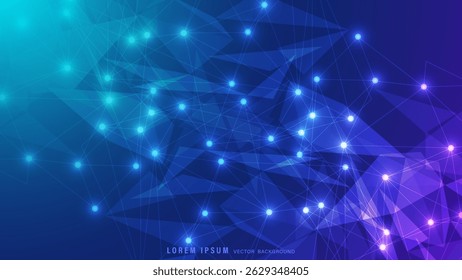 Futuristic digital network with gradient blue to violet, glowing light, and geometric lines layered over triangular polygonal shapes. Vector illustration