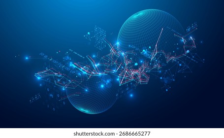 Futuristic digital network with interconnected nodes, glowing data points, and dynamic lines forming a complex web of information.