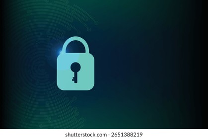 Futuristic digital padlock on abstract cyberspace background with encryption code, firewall, and secure connection symbol, representing online privacy, cyber defense, network protection, technology.