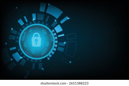 Futuristic digital padlock on abstract cyberspace background with encryption code, firewall, and secure connection symbol, representing online privacy, cyber defense, network protection, technology.