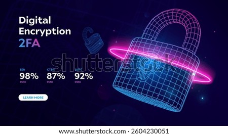 Futuristic digital padlock representing cybersecurity, encryption, and data protection. Wireframe lock with two factor authentication concept. Cyber defense, online security. Vector illustration.