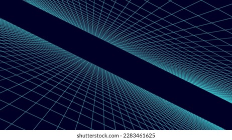 Fondo azul futurista de la rejilla del plano digital. Línea de tecnología abstracta de red de trama. 3d perspectiva. Ilustración vectorial.