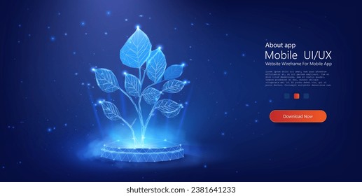 Futuristic Digital Plant with Luminescent Leaves on a Deep Cosmic Background: Nature Meets Technology in Vibrant Vector Art. Modern 3d graphic Isolated vector illustration