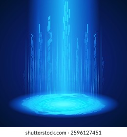 Futuristic digital podium technology background. Hi-tech stage for showcase, digital advertising and game artwork with neon blue pedestal circle platform. Technology product podium vector illustration