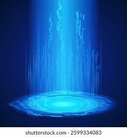 Futuristic digital podium technology background. Hi-tech stage for showcase, digital advertising and game artwork with neon blue pedestal circle platform. Technology product podium vector illustration