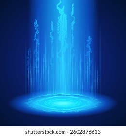Futuristic digital podium technology background. Hi-tech stage for showcase, digital advertising and game artwork with neon blue pedestal circle platform. Technology product podium vector illustration