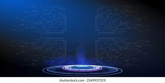 Portal digital futurista con plataforma circular brillante y patrones de circuito en un entorno oscuro