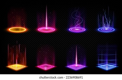 Futuristic digital portals with neon glow and hologram effect. Magic circle and square podiums, fantasy teleport platforms with color light beams and sparkles, vector realistic set