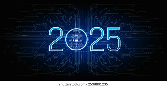 Futuristic digital representation of the year 2025 with circuit patterns and glowing elements illuminated in a dark background.