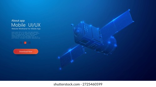 Satélite Digital Futurista em Órbita com Design de Wireframe Poligonal e Conceito de Tecnologia Espacial em Fundo Azul