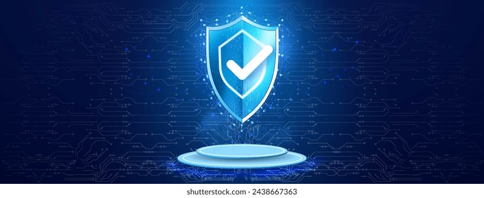 Futuristic Digital Security Shield: Ensuring Data Integrity and Confidentiality with Advanced Cyber Protection on a Dynamic Circuitry Background